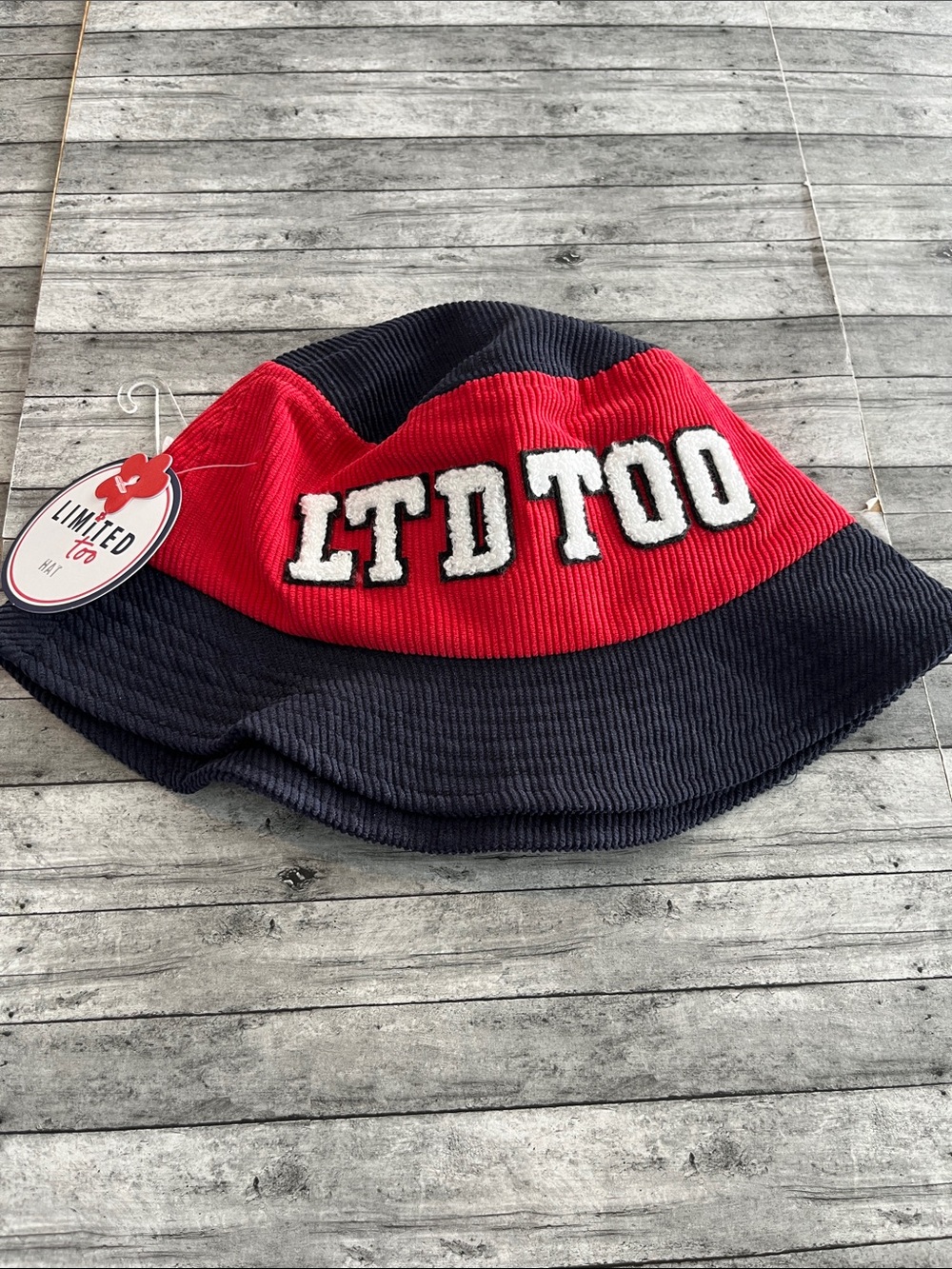 Limited Too Navy and Red Corduroy Bucket Hat with White Lettering